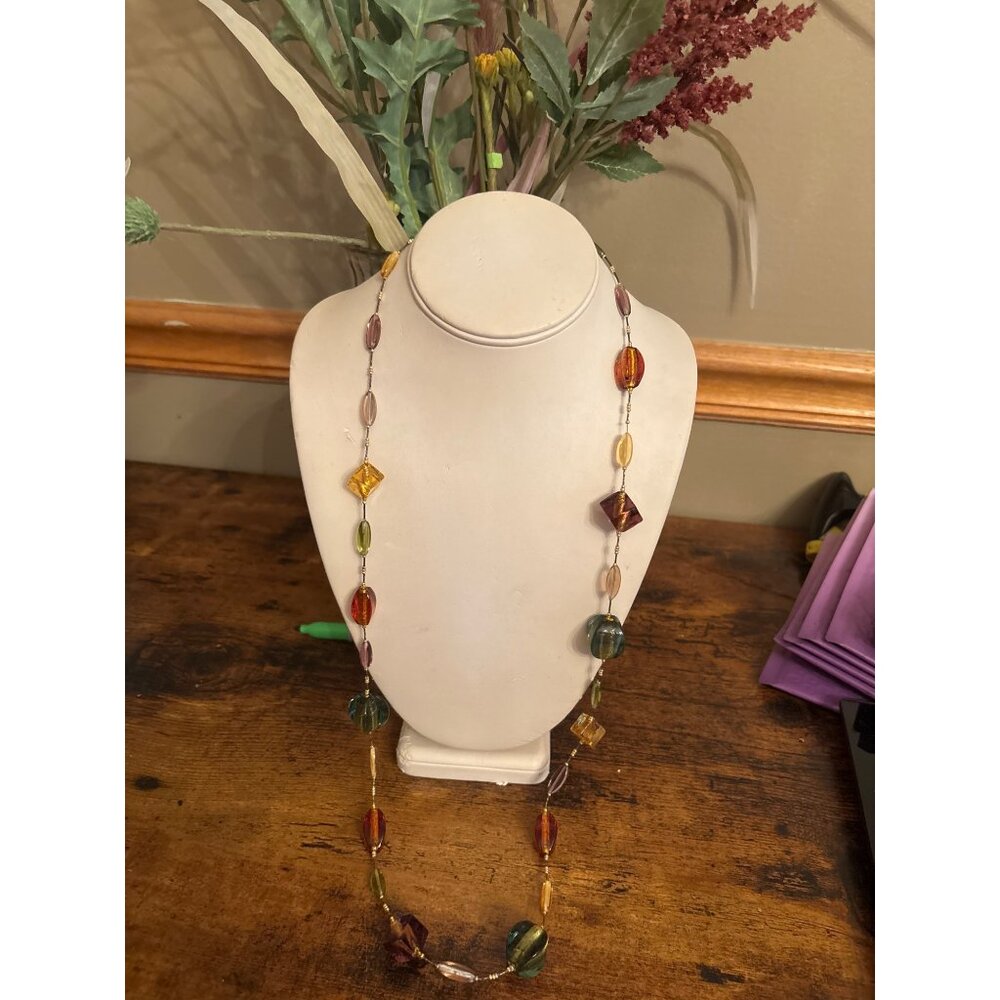 Murano Style Glass Bead Necklace Colorful Foil Art Jewelry Long Toggle Clasp